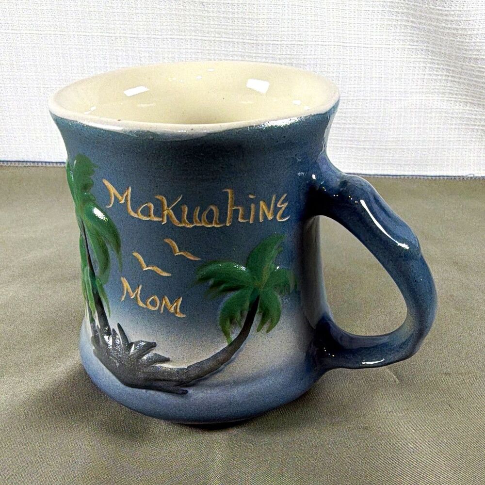 Vintage 1981 Hawaiian Creation Makuahine Mom Coffee Mug Palm Tree Blue Stoneware